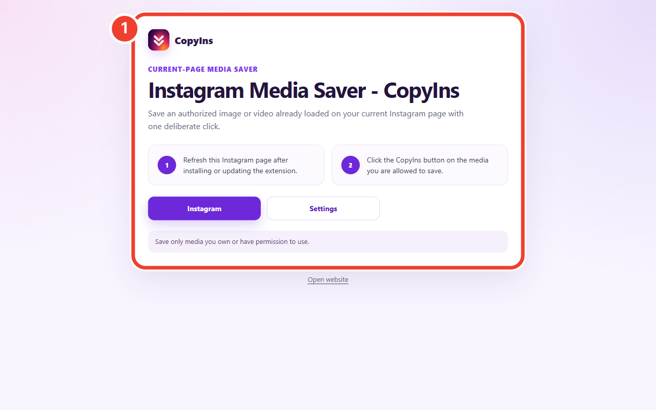 CopyIns 0.4.1 extension welcome page with the main card marked as step 1