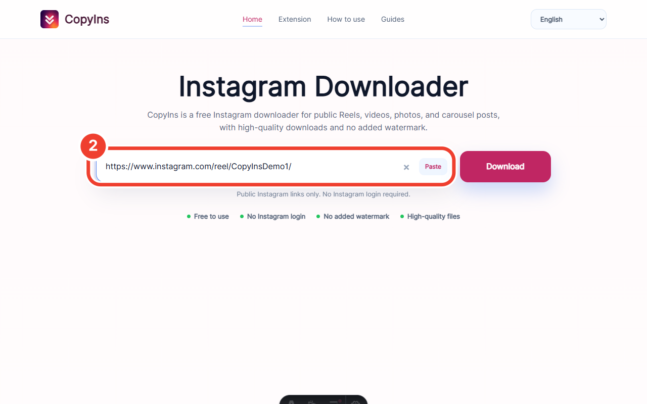 CopyIns URL field containing a public Instagram link and marked as step 2