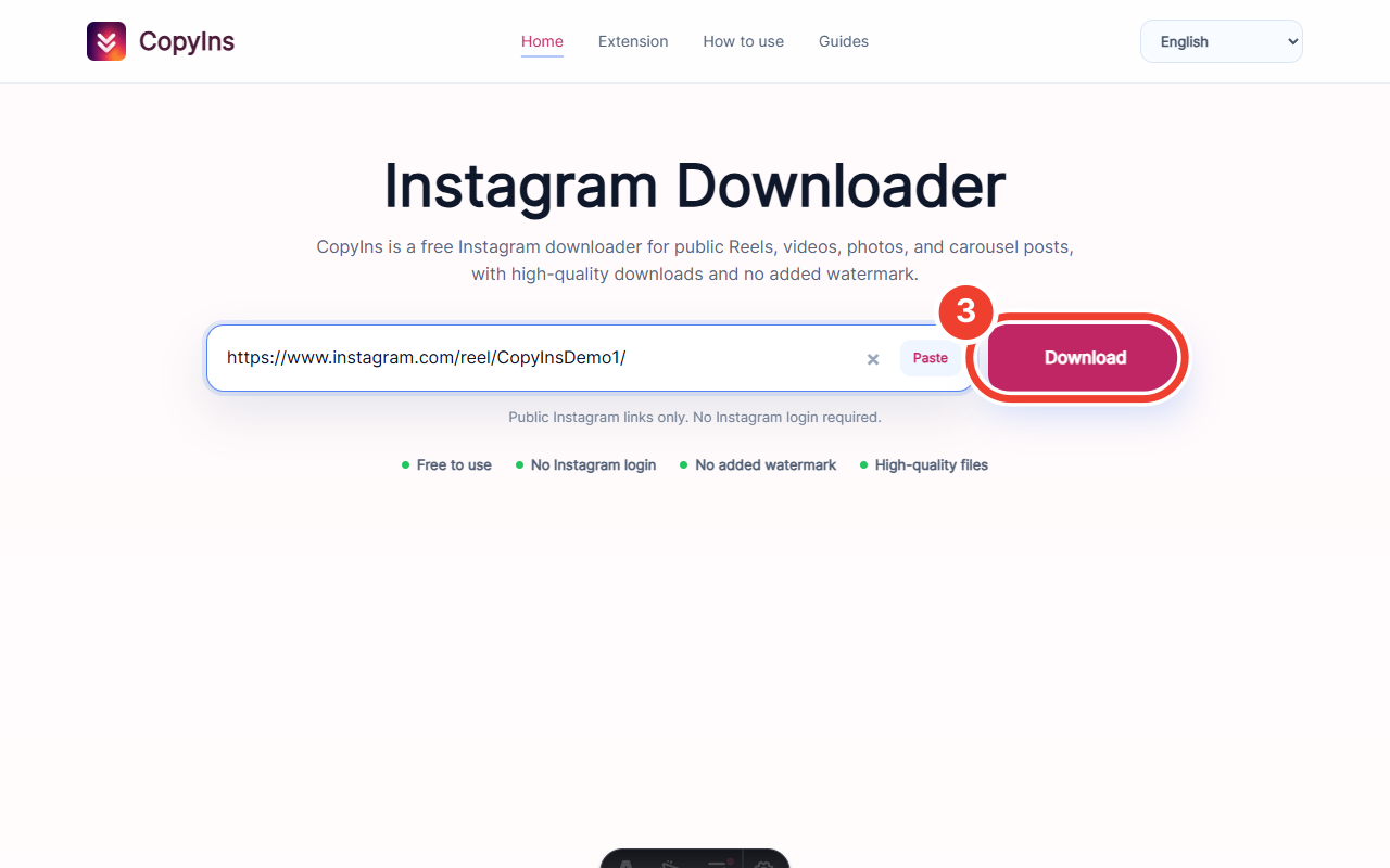 CopyIns Download button marked as step 3